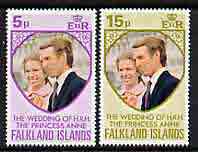 Falkland Islands 1973 Royal Wedding perf set of 2 unmounted mint, SG 291-92, stamps on royalty, stamps on anne & mark