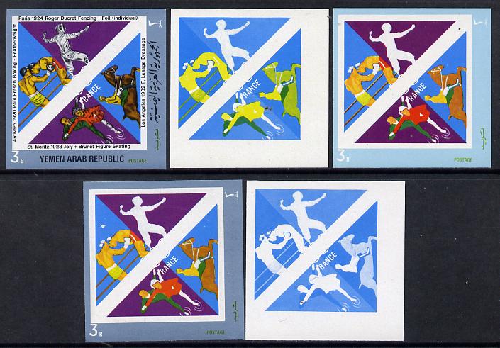 Yemen - Republic 1972 French Olympic Gold Medal Winners 3b (Boxing, Fencing, Dressage & Figure Skating) set of 5 imperf progressive proofs comprising single colour, 2, 3, 4 and all 5-colour composites, a superb and important group unmounted mint (as Mi 1499), stamps on , stamps on  stamps on boxing, stamps on  stamps on olympics, stamps on  stamps on sport, stamps on  stamps on fencing, stamps on  stamps on dressage, stamps on  stamps on skating