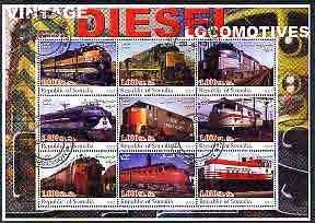 Somalia 2002 Diesel Locomotives #1 perf sheetlet containing set of 9 values cto used, stamps on , stamps on  stamps on railways