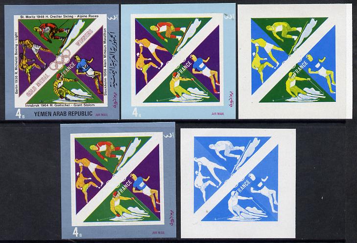 Yemen - Republic 1972 French Olympic Gold Medal Winners 4b (Boxing, Alpine Racing, Marathon & Skiing) set of 5 imperf progressive proofs comprising single colour, 2, 3, 4 and all 5-colour composites, a superb and important group unmounted mint as Mi 1500, stamps on , stamps on  stamps on boxing, stamps on  stamps on olympics, stamps on  stamps on sport, stamps on  stamps on skiing, stamps on  stamps on running