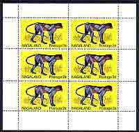 Nagaland 1969 Monkey (Capped Langur) 2c complete perf sheetlet of 6 values (from Wildlife definitive set) unmounted mint, stamps on , stamps on  stamps on animals, stamps on  stamps on monkeys, stamps on  stamps on apes