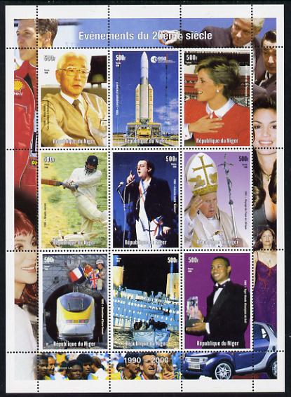 Niger Republic 1998 Events of the 20th Century 1990-2000 perf sheetlet containing 9 values unmounted mint, stamps on millenium, stamps on space, stamps on rockets, stamps on diana, stamps on royalty, stamps on cricket, stamps on pope, stamps on railways, stamps on  hst , stamps on titanic, stamps on ships, stamps on films, stamps on disasters, stamps on movies, stamps on sport, stamps on golf, stamps on  f1 , stamps on 