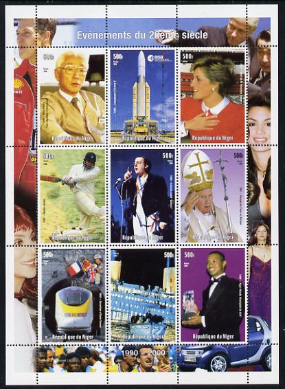 Niger Republic 1998 Events of the 20th Century 1990-2000 perf sheetlet containing 9 values unmounted mint, stamps on , stamps on  stamps on millenium, stamps on  stamps on space, stamps on  stamps on rockets, stamps on  stamps on diana, stamps on  stamps on royalty, stamps on  stamps on cricket, stamps on  stamps on pope, stamps on  stamps on railways, stamps on  stamps on  hst , stamps on  stamps on titanic, stamps on  stamps on ships, stamps on  stamps on films, stamps on  stamps on disasters, stamps on  stamps on movies, stamps on  stamps on sport, stamps on  stamps on golf, stamps on  stamps on  f1 , stamps on  stamps on 