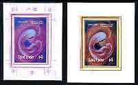 St Lucia 1985 Christmas m/sheet $4 (Madonna & Child) imperf proof in magenta and blue only of m/sheet on plastic card (Cromalin) plus issued m/sheet, ex from Format Inter..., stamps on christmas, stamps on arts