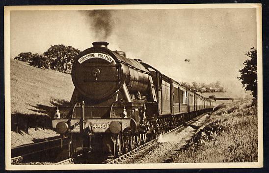 Postcard by Ian Allan - LNER down Yorkshire Pullman headed by Class A1 4-6-2 No.4481 St Simon, sepia, unused and in good condition, stamps on , stamps on  stamps on railways