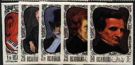 Ras Al Khaima 1969 Paintings of Composers imperf set of 5 unmounted mint (Mi 276-80B) , stamps on , stamps on  stamps on arts, stamps on  stamps on music, stamps on  stamps on composers, stamps on  stamps on chopin