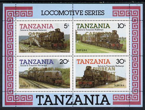 Tanzania 1985 Locomotives perf miniature sheet with Caribbean Royal Visit 1985 opt in gold (unissued) unmounted mint, stamps on railways, stamps on royalty, stamps on royal visit