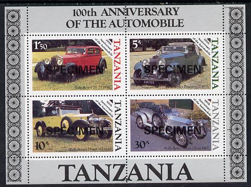 Tanzania 1986 Centenary of Motoring m/sheet opt'd SPECIMEN unmounted mint, as SG MS 460, stamps on cars     rolls-royce