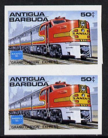 Antigua 1986 Ameripex Stamp Exhibition 50c (USA Grand Canyon Express) unmounted mint imperf pair (as SG 1015), stamps on railways      americana, stamps on stamp exhibitions