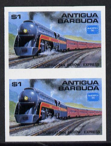 Antigua 1986 Ameripex Stamp Exhibition $1 (USA Powhatton Arrow Express) unmounted mint imperf pair (as SG 1016), stamps on , stamps on  stamps on railways      americana, stamps on  stamps on stamp exhibitions