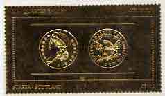 Staffa 1980 US Coins (1808 Quarter Eagle $2.5 coin both sides) on \A38 perf label embossed in 22 carat gold foil (Rosen 890) unmounted mint, stamps on coins, stamps on americana, stamps on birds of prey