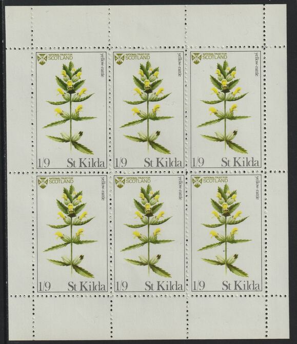 St Kilda 1970 Flowers 1s9d (Yellow Rattle) complete perf sheetlet of 6 unmounted mint, stamps on flowers, stamps on 