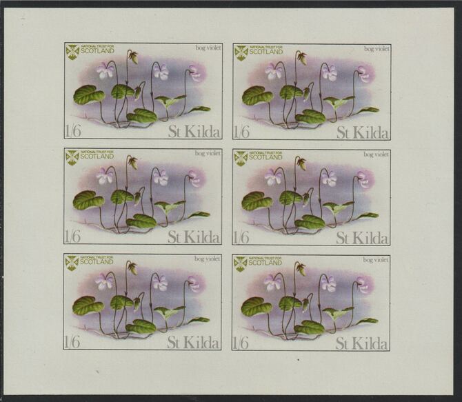 St Kilda 1970 Flowers 1s6d (Bog Violet) complete imperf sheetlet of 6 unmounted mint, stamps on flowers
