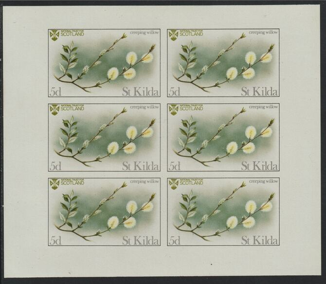 St Kilda 1970 Flowers 5d (Creeping Willow) complete imperf sheetlet of 6 unmounted mint, stamps on , stamps on  stamps on flowers