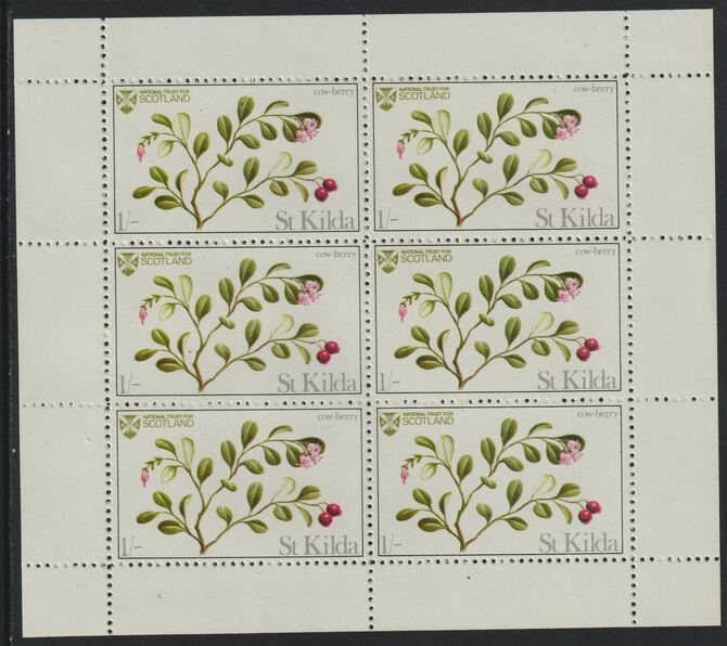 St Kilda 1969 Flowers 1s (Cow Berry) complete perf sheetlet of 6 unmounted mint, stamps on flowers, stamps on 