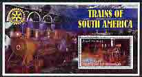 Somalia 2002 Trains of South America perf s/sheet with Rotary Logo in background, fine cto used , stamps on railways, stamps on rotary, stamps on 