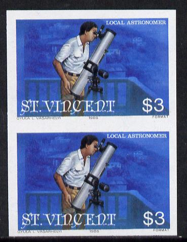 St Vincent 1986 Halley's Comet $3 (Amateur Astronomer with Telescope) imperf single as SG 976 unmounted mint, stamps on space, stamps on astronomy, stamps on halley