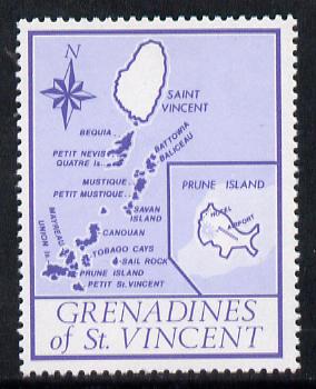 St Vincent - Grenadines 1977 the unissed Map stamp (without value) with Royal Visit overprint omitted (Map of Prune Island in blue) unmounted mint, stamps on , stamps on  stamps on maps, stamps on royal visit