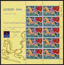 Guernsey 1994 Europa - Archaeological Discoveries 24p (Mounted Celtic Warrior) in sheetlet of 10 with Hong Kong 94 details in margin (see note after SG 637), stamps on europa, stamps on horses, stamps on stamp exhibitions, stamps on militaria