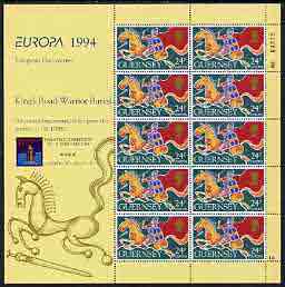 Guernsey 1994 Europa - Archaeological Discoveries 24p (Mounted Celtic Warrior) in sheetlet of 10 with Hong Kong 94 details in margin (see note after SG 637), stamps on , stamps on  stamps on europa, stamps on  stamps on horses, stamps on  stamps on stamp exhibitions, stamps on  stamps on militaria