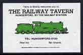 Match Box Label - The Railway Tavern (showing silhouette of steam loco in green) unused and pristine, stamps on railways, stamps on hotels
