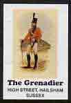 Match Box Label - The Grenadier, Hailsham (showing Grenadier in uniform) unused and pristine, stamps on military uniforms, stamps on militaria