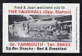 Match Box Label - The Vauxhall, Gt Yarmouth (showing Steam Loco) unused and pristine, stamps on , stamps on  stamps on railways