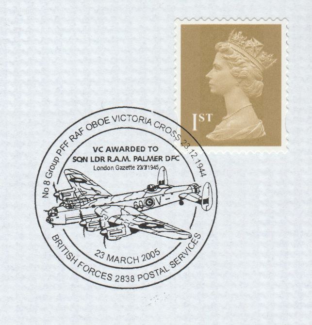 Postmark - Great Britain 2005 cover celebrating Victoria Cross awarded to Sqn Ldr  Palmer with illustrated cancel showing a Lancaster, stamps on aviation, stamps on vc, stamps on medals, stamps on  ww2 , stamps on lancaster, stamps on victoria cross, stamps on 