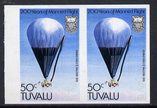 Tuvalu 1983 Manned Flight 50c (Double Eagle II Balloon) imperf pair with feint offset of 35c on front unmounted mint, (as SG 228), stamps on aviation, stamps on balloons
