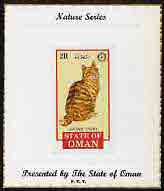 Oman 1984 Rotary - Domestic Cats imperf souvenir sheet (2R value) Brown Tabby mounted on special 'Nature Series' presentation card inscribed 'Presented by the State of Oman', stamps on cats, stamps on rotary