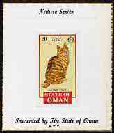 Oman 1984 Rotary - Domestic Cats imperf souvenir sheet (2R value) Brown Tabby mounted on special Nature Series presentation card inscribed Presented by the State of Oman, stamps on cats, stamps on rotary