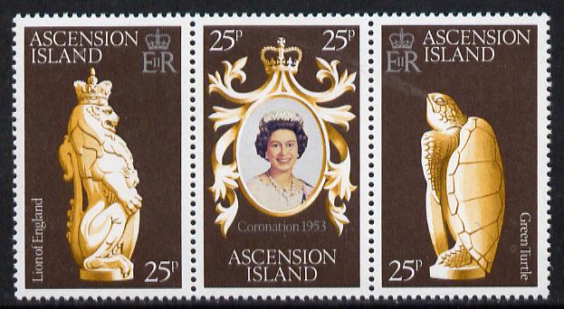 Ascension 1978 Coronation 25th Anniversary strip of 3 (QEII, Turtle & Lion) SG 233-5 unmounted mint, stamps on , stamps on  stamps on turtles, stamps on  stamps on cats, stamps on  stamps on royalty, stamps on  stamps on reptiles, stamps on  stamps on coronation, stamps on  stamps on arms, stamps on  stamps on heraldry