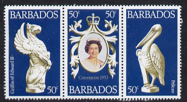 Barbados 1978 Coronation 25th Anniversary strip of 3 (QEII & Pelican) unmounted mint SG 597-9, stamps on , stamps on  stamps on birds, stamps on  stamps on royalty, stamps on  stamps on coronation, stamps on  stamps on arms, stamps on  stamps on heraldry, stamps on  stamps on griffin