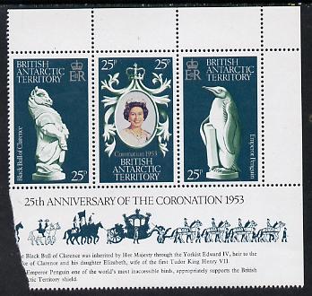 British Antarctic Territory 1978 Coronation 25th Anniversary strip of 3 (QEII, Bull & Penguin) unmounted mint, SG 86-8, stamps on , stamps on  stamps on polar, stamps on  stamps on royalty, stamps on  stamps on penguin, stamps on  stamps on bovine, stamps on  stamps on coronation, stamps on  stamps on arms, stamps on  stamps on heraldry