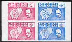Calf of Man 1973 Churchill & Map (with Scout Logo) set of 2 in se-tenant block of 4 with rouletting omitted, unmounted mint (as Rosen CA249-50) complete sheetlet containing 7 pairs available at \A375