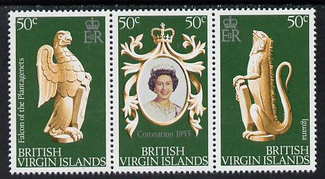 British Virgin Islands 1978 Coronation 25th Anniversary strip of 3 (QEII, Iguana & Falcon) SG 384-6 unmounted mint, stamps on , stamps on  stamps on reptiles, stamps on falcons, stamps on birds of prey, stamps on royalty, stamps on coronation, stamps on arms, stamps on  stamps on heraldry