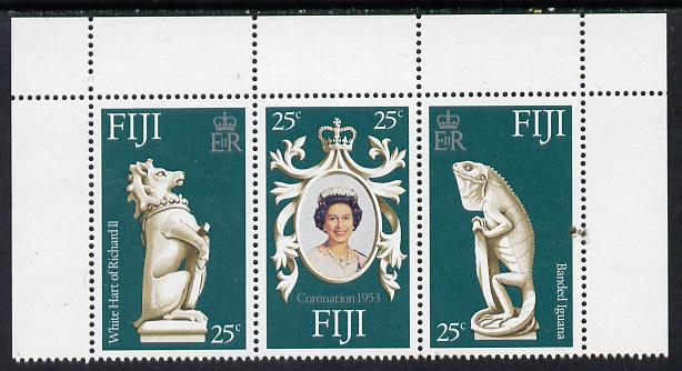 Fiji 1978 Coronation 25th Anniversary strip of 3 (QEII & Iguana) unmounted mint, SG 549-51, stamps on , stamps on  stamps on reptiles  royalty      coronation, stamps on arms, stamps on  stamps on heraldry
