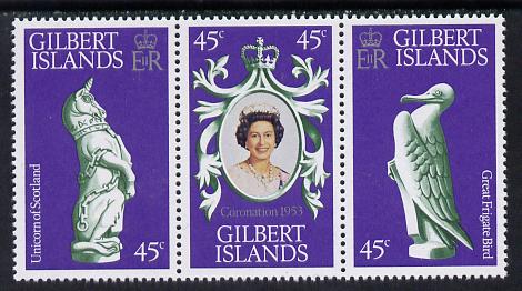 Gilbert Islands 1978 Coronation 25th Anniversary strip of 3 (QEII & Frigate Bird) unmounted mint SG 68-70, stamps on , stamps on  stamps on birds, stamps on  stamps on royalty, stamps on  stamps on coronation, stamps on  stamps on arms, stamps on  stamps on heraldry, stamps on  stamps on unicorns