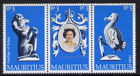 Mauritius 1978 Coronation 25th Anniversary strip of 3 (QEII, Antelope & Dodo) unmounted mint, SG 549-51, stamps on , stamps on  stamps on dodo, stamps on  stamps on antelope, stamps on  stamps on royalty, stamps on  stamps on birds, stamps on  stamps on coronation, stamps on  stamps on arms, stamps on  stamps on heraldry