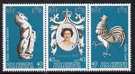 New Hebrides - English 1978 Coronation 25th Anniversary strip of 3 (QEII, White Horse & Cock) SG 262-64 unmounted mint, stamps on cock  horses  royalty      birds     coronation, stamps on arms, stamps on heraldry