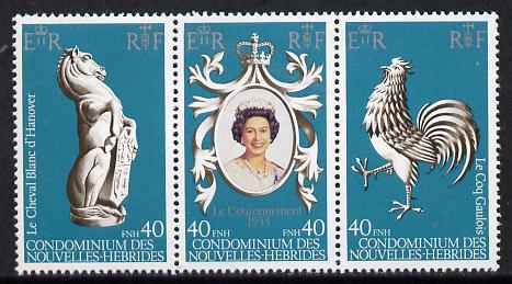 New Hebrides - French 1978 Coronation 25th Anniversary strip of 3 (QEII, White Horse & Cock) SG F 276-78 unmounted mint, stamps on , stamps on  stamps on cock  horses  royalty        birds   coronation, stamps on arms, stamps on  stamps on heraldry