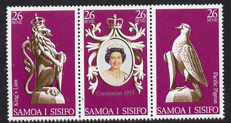 Samoa 1978 Coronation 25th Anniversary strip of 3 (QEII, Pigeon & Lion) unmounted mint SG 508-10, stamps on , stamps on  stamps on pigeon, stamps on  stamps on cats, stamps on  stamps on royalty, stamps on  stamps on birds, stamps on  stamps on coronation, stamps on  stamps on arms, stamps on  stamps on heraldry