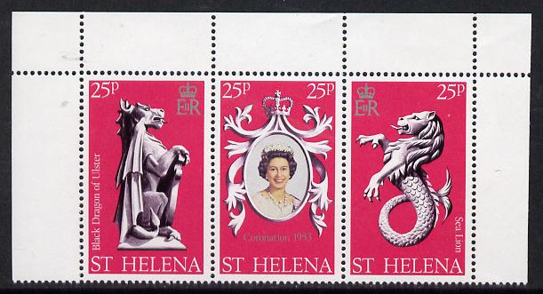 St Helena 1978 Coronation 25th Anniversary strip of 3 (QEII, Dragon & Sea Lion) SG 338-40 unmounted mint, stamps on , stamps on  stamps on dragon, stamps on  stamps on seal, stamps on  stamps on royalty, stamps on  stamps on coronation, stamps on arms, stamps on  stamps on heraldry