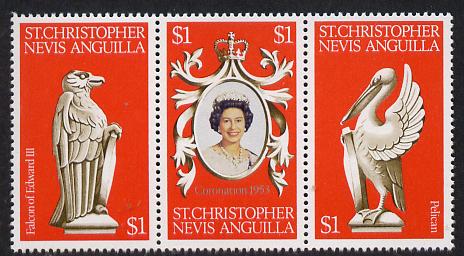 St Kitts-Nevis 1978 Coronation 25th Anniversary strip of 3 (QEII, Falcon & Pelican) unmounted mint SG 389-91, stamps on , stamps on  stamps on birds of prey, stamps on royalty, stamps on coronation, stamps on falcons, stamps on birds, stamps on arms, stamps on  stamps on heraldry