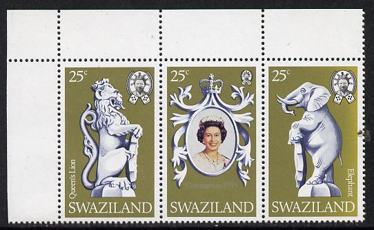 Swaziland 1978 Coronation 25th Anniversary strip of 3 (QEII, Lion & Elephant) SG 293-95 unmounted mint, stamps on , stamps on  stamps on elephant, stamps on  stamps on cats, stamps on  stamps on royalty, stamps on  stamps on coronation, stamps on  stamps on arms, stamps on  stamps on heraldry