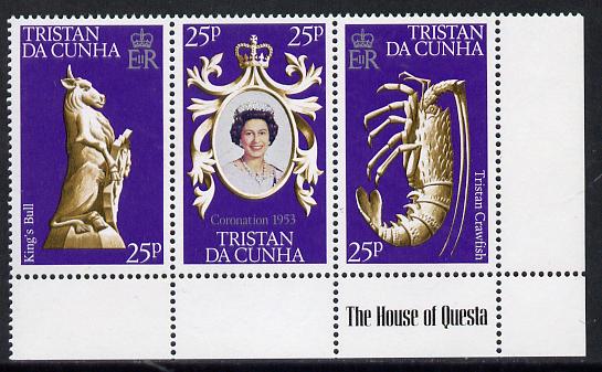 Tristan da Cunha 1978 Coronation 25th Anniversary strip of 3 (QEII, Bull & Crawfish) SG 239-41 unmounted mint, stamps on bull, stamps on fish, stamps on marine-life, stamps on royalty, stamps on coronation, stamps on bovine, stamps on arms, stamps on heraldry