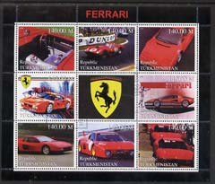 Turkmenistan 1999 Ferrari perf sheetlet containing set of 8 values plus label fine cto used, stamps on racing cars, stamps on ferrari, stamps on cars, stamps on vets