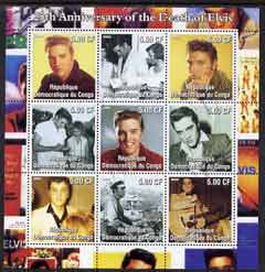 Congo 2002 25th Death Anniversary of Elvis Presley #1 perf sheetlet containing 9 values fine cto used, stamps on , stamps on  stamps on entertainments, stamps on  stamps on films, stamps on  stamps on cinema, stamps on  stamps on elvis, stamps on  stamps on music