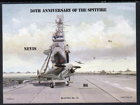 Nevis 1986 Spitfire (Seafire) on Aircraft Carrier $6 m/sheet imperf unmounted mint as SG MS 376 , stamps on , stamps on  stamps on aviation, stamps on  stamps on  ww2 , stamps on  stamps on  raf , stamps on  stamps on ships, stamps on  stamps on flat tops, stamps on , stamps on  stamps on  raf , stamps on  stamps on 