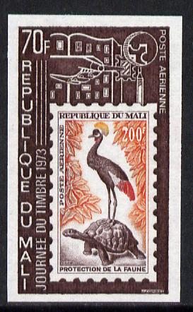 Mali 1973 Stamp Day 70f (Crane & Tortoise stamp) imperf from limited printing unmounted mint, as SG 381*, stamps on , stamps on  stamps on cranes, stamps on birds, stamps on tortoise, stamps on stamp on stamp, stamps on  stamps on stamponstamp